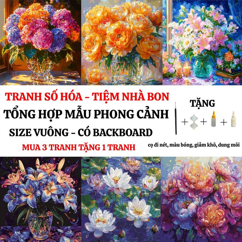 (TRANH VUÔNG-CÓ BACKBOARD) Tranh tô màu theo số PHONG CẢNH HOA có sẵn khung, cọ vẽ, màu vẽ, tặng màu bóng, giảm khô màu, dung môi pha loãng và cọ chuyên dụng. Mua 3 tranh tặng 1 tranh Diy