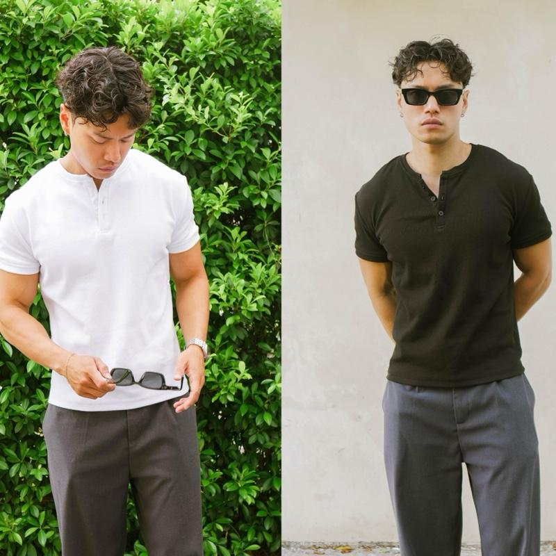 ÁO THUN HENLEY TAY NGẮN COTTON GÂN ÔM BODY TÔN DÁNG REGULAR FIT