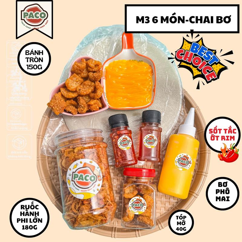 M3 6 MÓN CÓ MUỐI BÉO combo bánh tráng phơi sương bơ phô mai m3 paco food đầy đủ topping bánh tráng tóp mỡ kèm sốt-đồ ăn vặt snacks