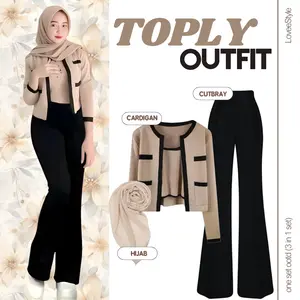 Setelan Remaja Korea "TOPLY OUTFIT" – (Cardigan, Cutbray, Hijab) One Set 3In1 Wanita Kekinian Hangout Style - LS14