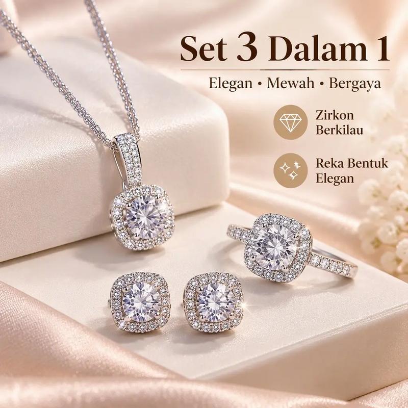 Bộ trang sức 3 trong 1 gồm mặt dây chuyền, bông tai và nhẫn đính kim cương và zircon, sang trọng và tinh tế, dành cho nam và nữ, phù hợp cho các sự kiện trang trọng, làm quà sinh nhật