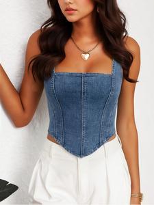 Chaleco vaquero ajustado sin mangas para mujer, tejido de alta elasticidad, casual y versátil para todas las estaciones, estilo único, sin cuello, diseño con cremallera
