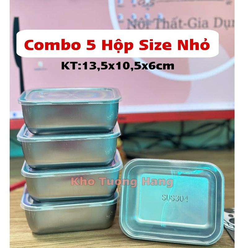 Combo 5 Hộp Vuông Bé KT13,5x10,5x6cm Đựng Thực Phẩm INOX 304 Có Nắp Nhựa Kèm Theo