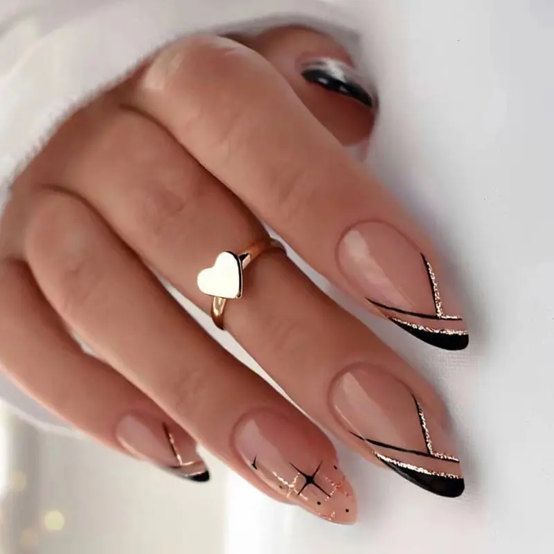 [Glue Included] Simple Striped Handmade Almond-shaped Fake Nails [24-Piece Pack]