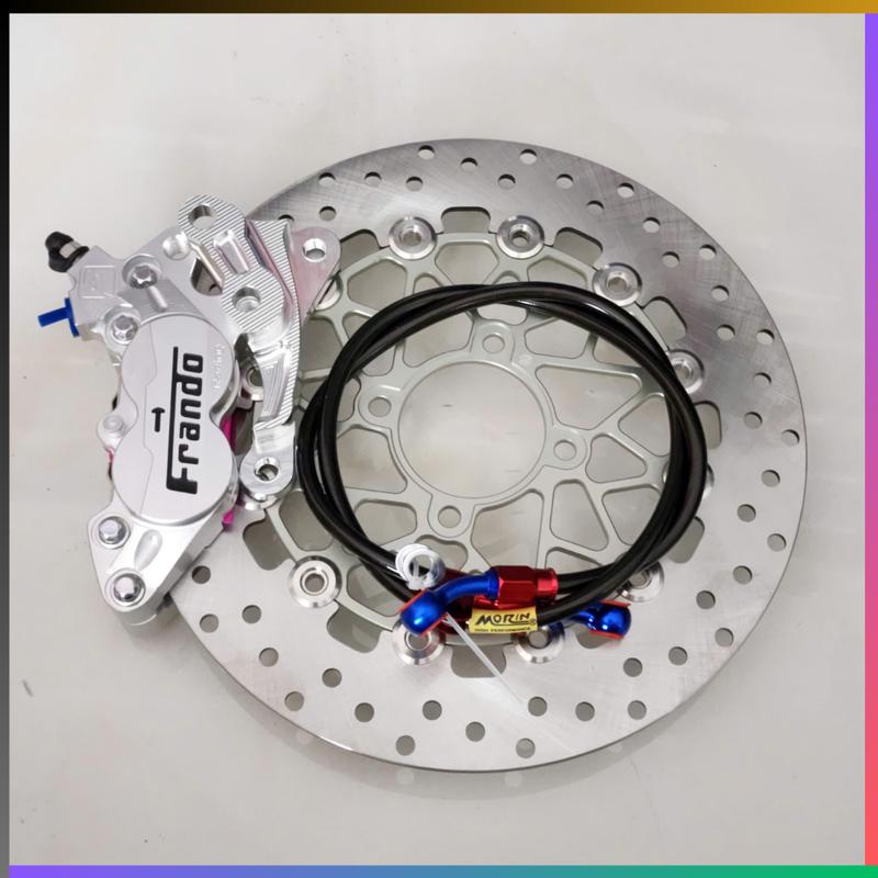 Combo Phanh Trước Sirius 110/50: Heo Frando 4Pis Trắng + Pad CNC + Đĩa SWIT 267mm Xám + Dây Morin màu Đen