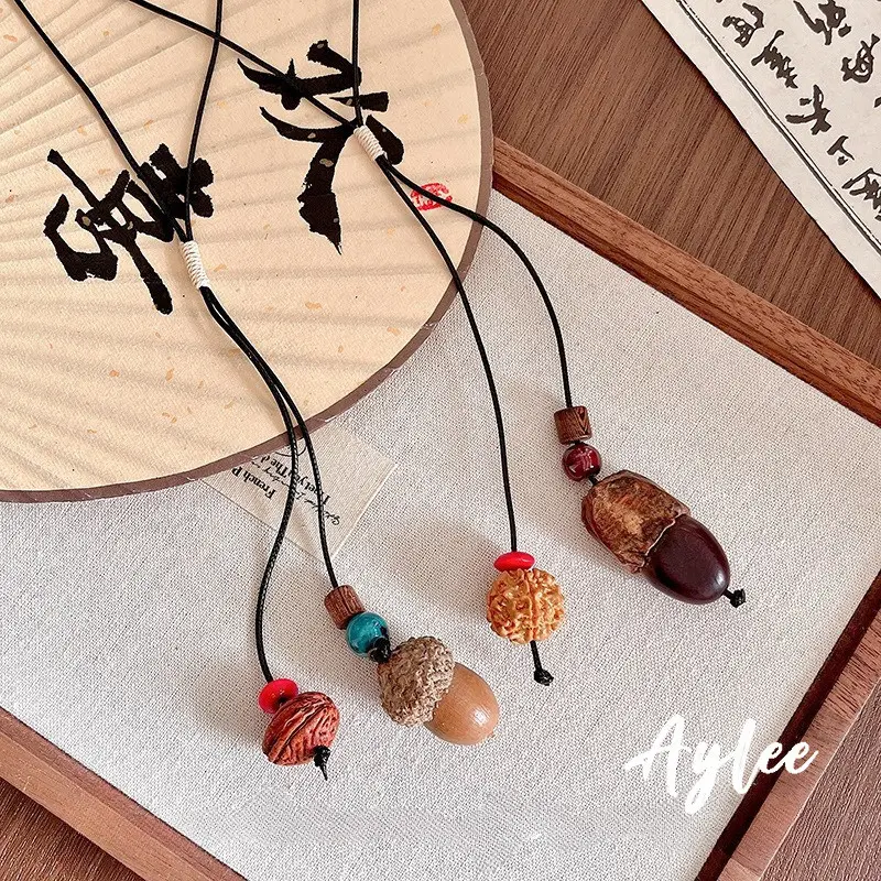 [Aylee] Kalung liontin kacang pinus keramik sederhana kalung choker tali anyaman gaya etnik retro untuk pria dan wanita Y1309