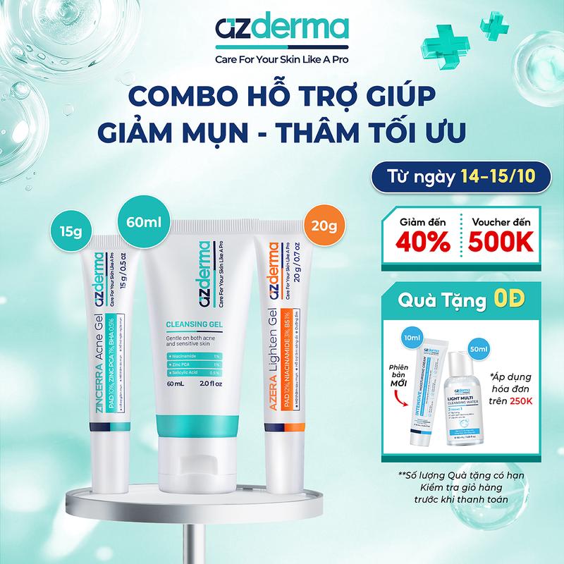 Combo3 Giúp Giảm Mụn Mờ Thâm Tối Ưu Bao Gồm , Gel hỗ trợ giúp giảm mụn Azderma Zincerra Acne Gel 15g - Gel hỗ trợ giúp mờ thâm sau mụn Azderma  Azera Lighten Gel 20g - Sữa rửa mặt Azderma Cleansing Gel