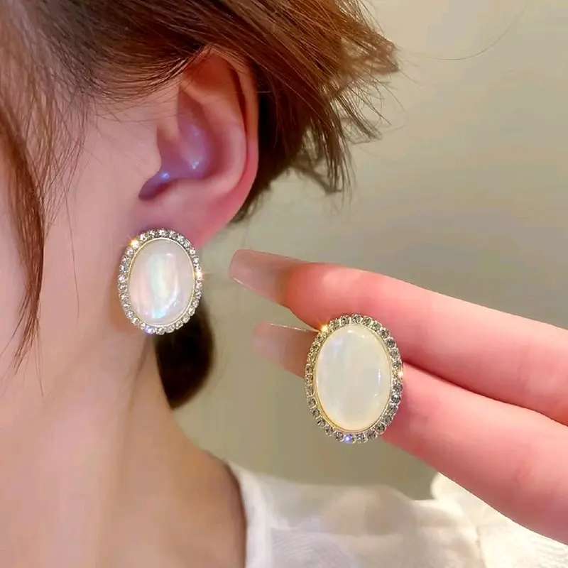 Bree Oval Zircon Stud Earrings Anting Tusuk Resin Model Giok Batu Stone Putih Fashion 1
