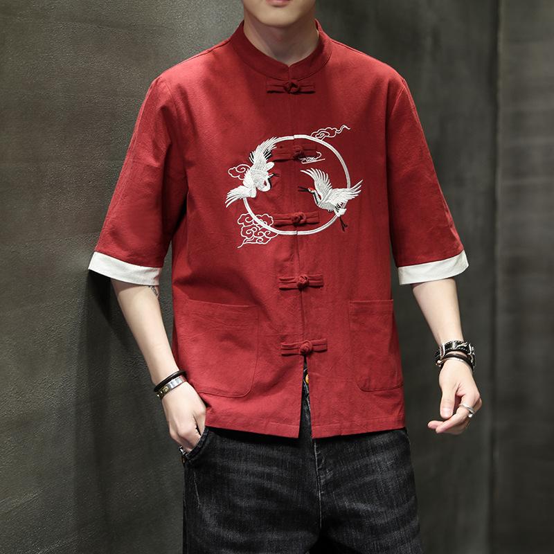 Quần áo nam Hán Trung Quốc, áo phông mùa hè phong cách Trung Quốc, Thương Hiệu Thời Trang cổ điển, trang phục thêu thanh niên, bộ đồ Tang ngắn tay Trung Sơn mỏng