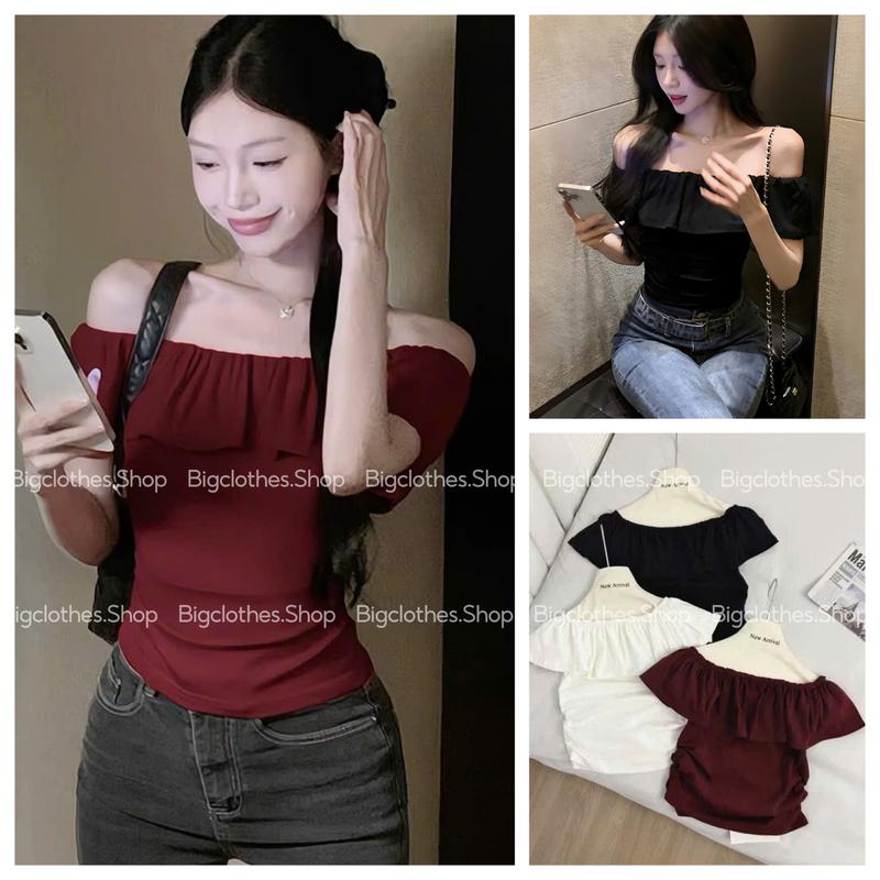 [Có Bigsize] Áo Thun Nữ Trễ Vai BigClothes, Áo Kiểu Nữ Viền Bèo Nhún Hông Tôn Dáng A21
