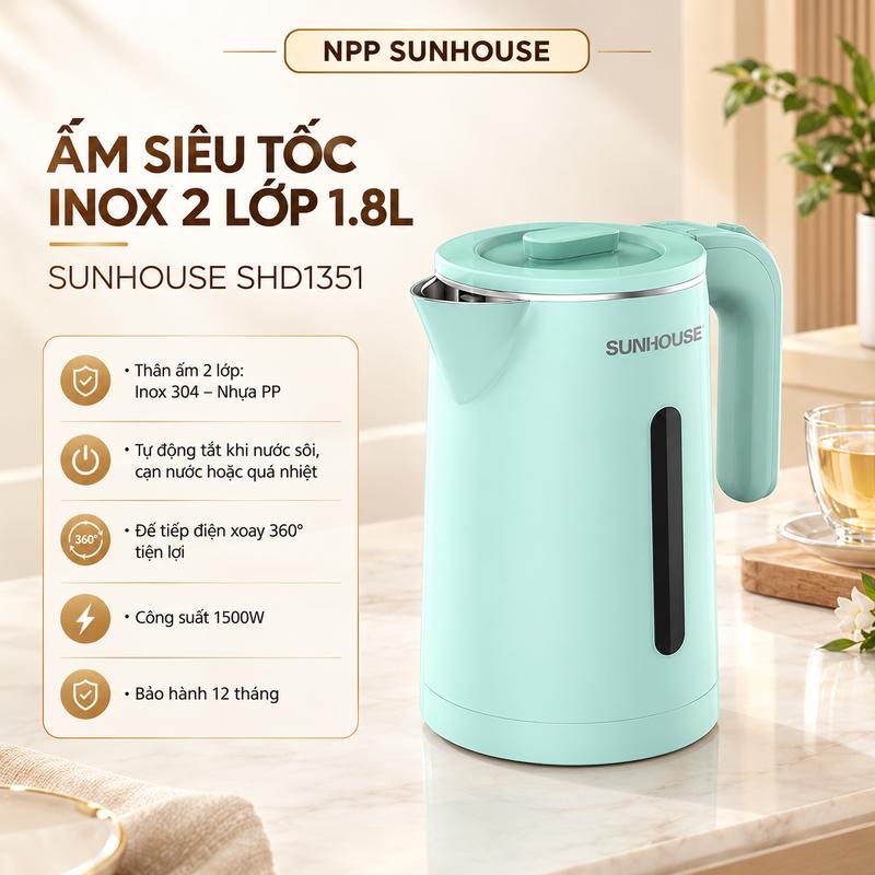 Ấm siêu tốc inox 2 lớp 1.8L Sunhouse SHD1351 - Đế xoay 360 độ - Ruột ấm inox 304