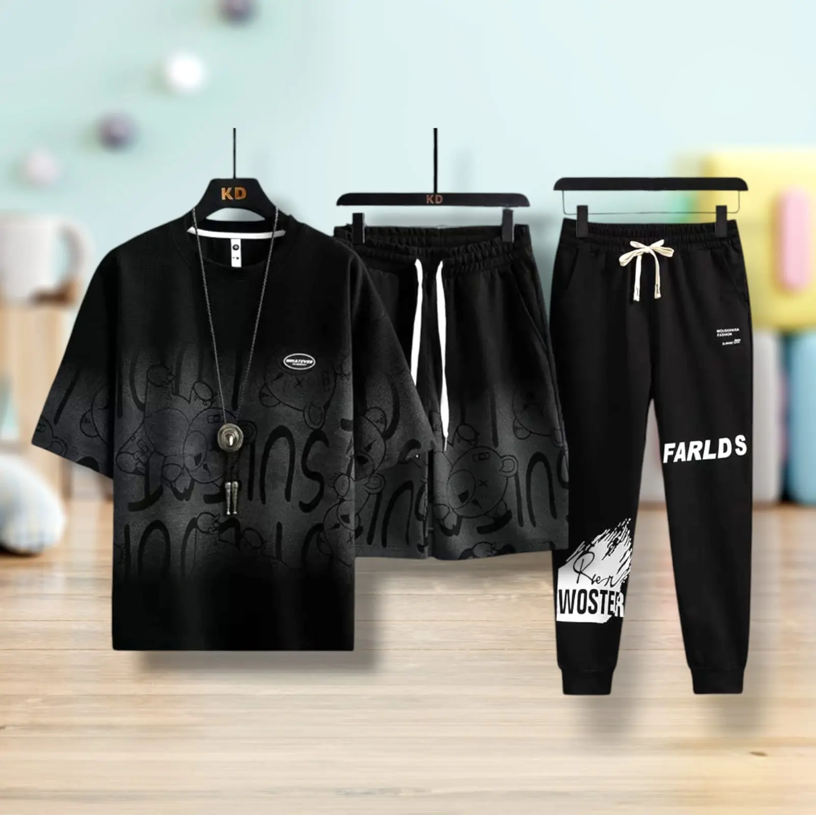SETELAN 3IN WHATEVERR SET BAJU KAOS OBLONG Celana CELPEN Pendek DAN JOGGER PANJANG  Unisex Motif Dewasa Pria