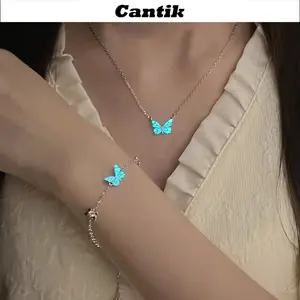 [Cantik]Set Gelang Kalung Liontin Kupu Biru Bercahaya Wanita B118