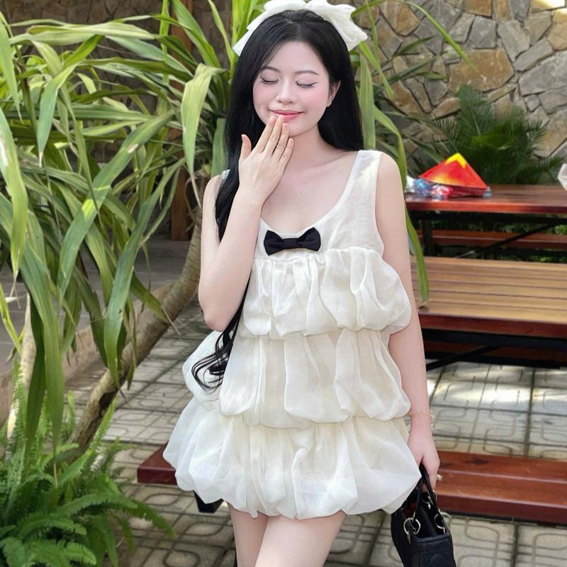 [ Tặng Quần Bảo Hộ ]  Váy Tiểu Thư Tơ Tiểu Thư Dáng Bồng Bí Tầng Xoè Sát Nách Mix Nơ Dễ Thương Mã 2