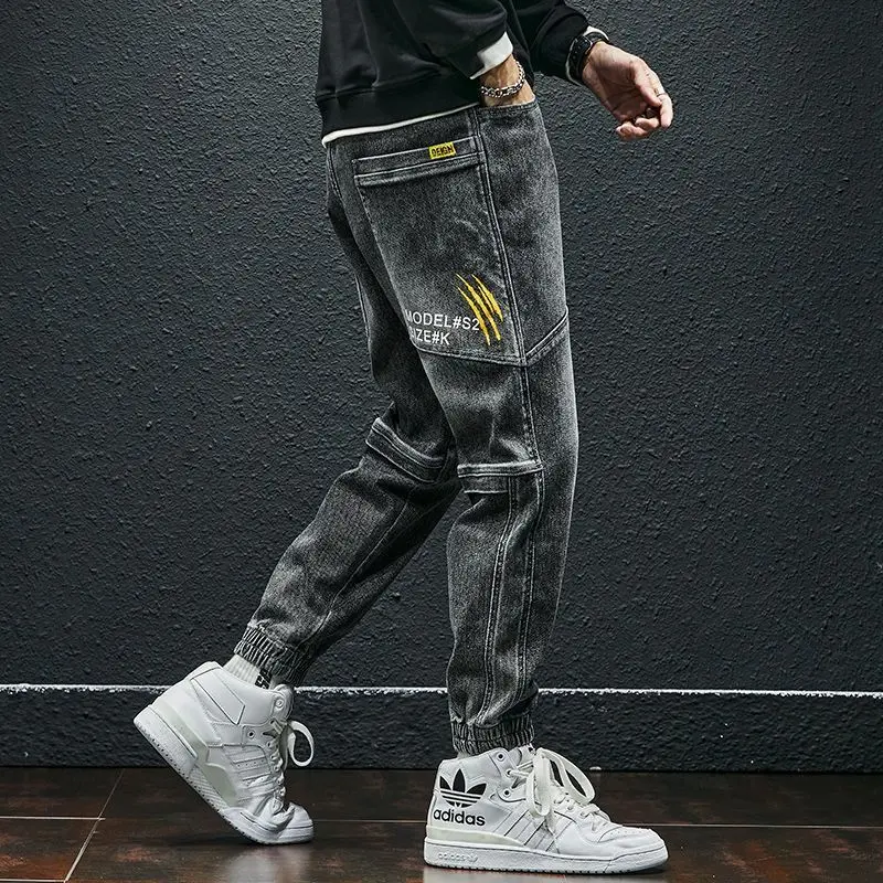 Men's jeans. Fashionable cropped pants. Plus size loose pants. Casual pants with tie up feet. Clothing Menswear