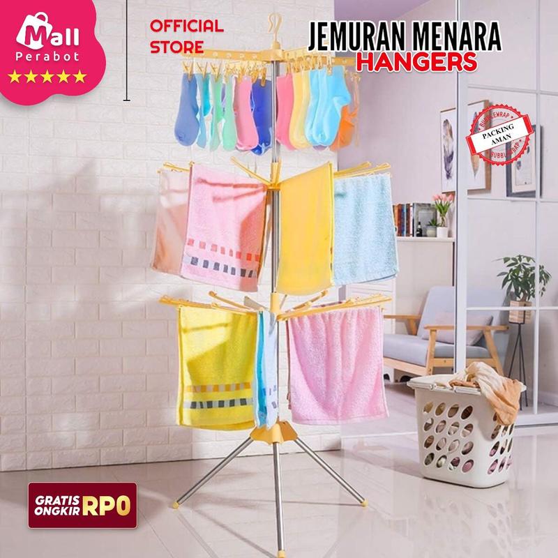 Mall Perabot | Jemuran Menara | Jemuran Bayi Hanger Baju Lipat Model Tiang 3 Susun | Gantungan Tower Cucian Bayi Jepitan Pakaian Plastik Rak Stainless 1