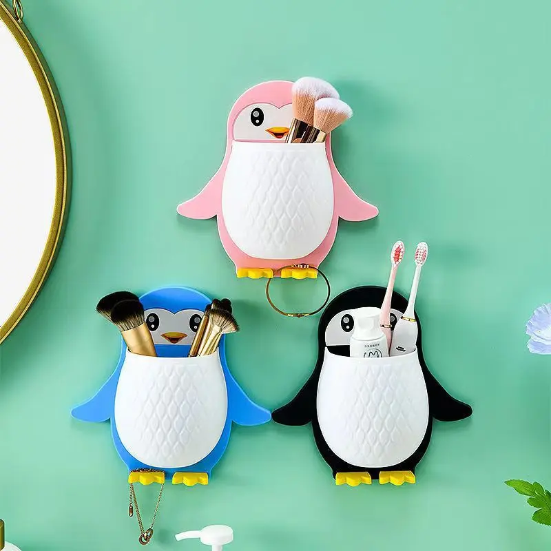 Giá Để Đồ, Thiết Kế Hình Chim Cánh Cụt Hoạt Hình Dễ Thương, Thích Hợp Cho Ký Túc Xá, Đầu Giường, Và Nhà Bếp, Hộp Đựng Đồ, Treo Tường Không Cần Đục Lỗ, Hộp Đựng Đồ
