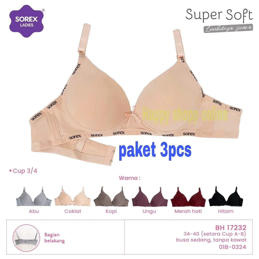 3pcs Bra Sorex 17232 Tanpa Kawat Busa Sedang Kait 2 Cup B Lembut Nyaman Cantik Wanita Bh Kancing Tipis