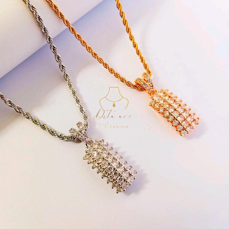 Kalung Titanium Plus Liontin Balok Permata Elegan dan Minimalis Awet di Pakai Harian Anti Luntur dan Karat Fashion Wanita Kekinian 6