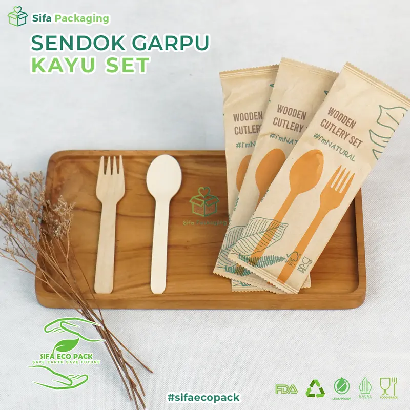 Set Sendok Garpu Kayu Steril Sendok Kayu Set Sekali Pakai Alat Makan Set Premium Bungkus Kertas 0