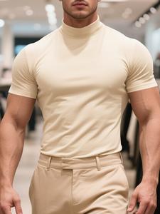 Atuendos de otoño para hombre, camiseta de cuello alto y ajustado de color sólido de manga corta para uso diario, versátil para uso interior y exterior, estilo deportivo casual esencial