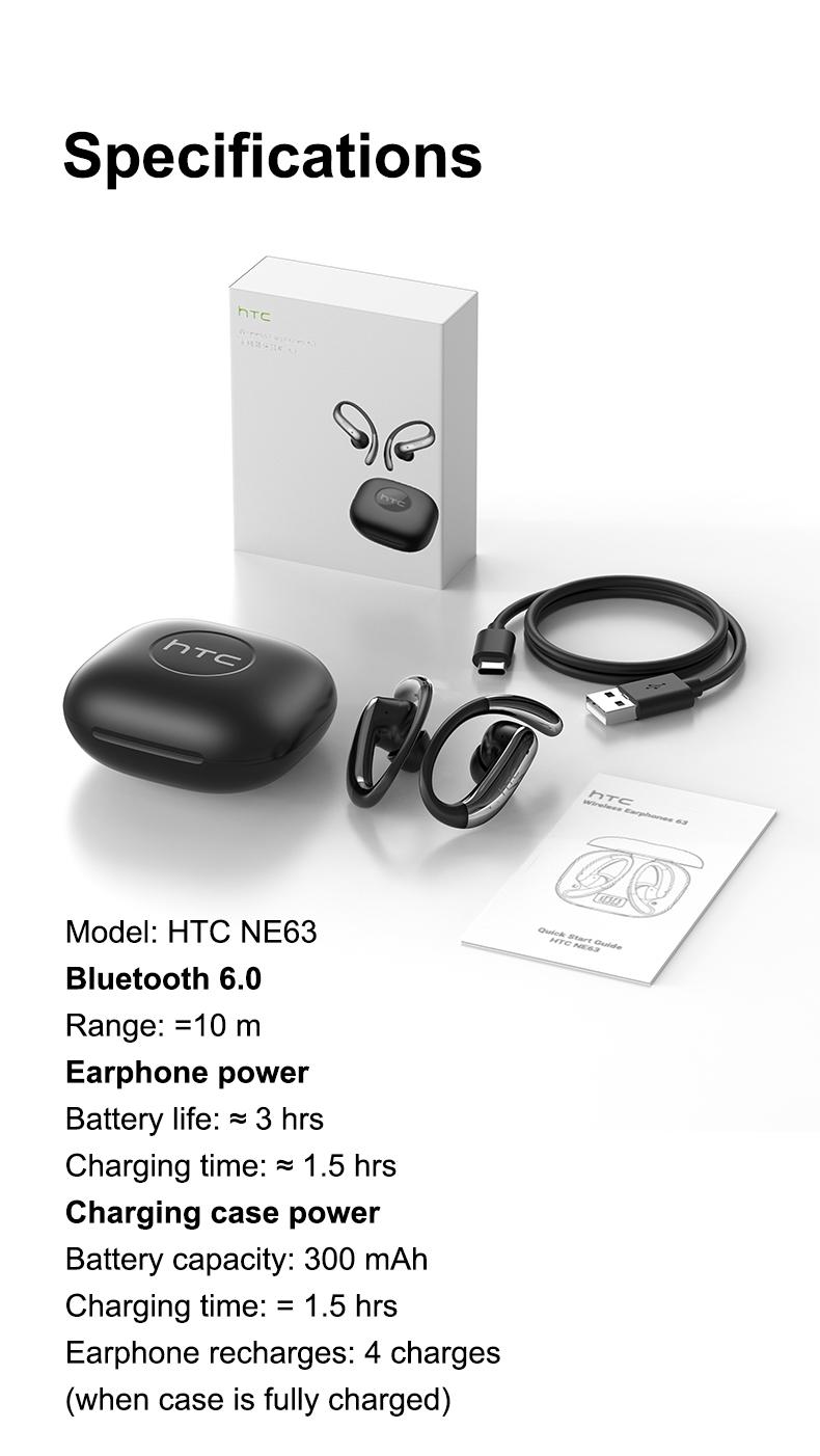 HTC NE63 OWS AI Headset Bluetooth 6.0 Sport Earbuds Layar LED TWS Noise Reduction HiFi Bass Stereo Wireless Gaming Headset dengan AI dan Noise Reduction