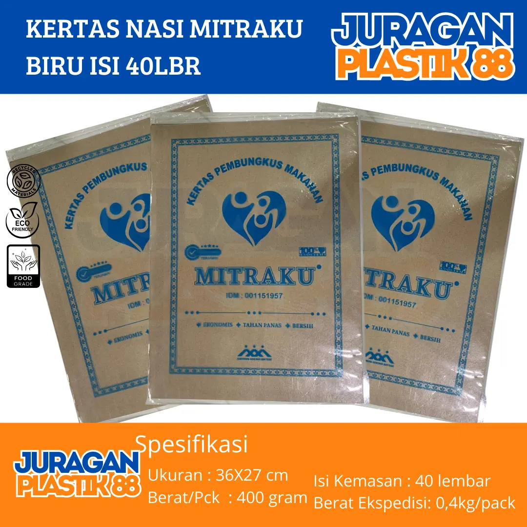Kertas Nasi Coklat | Kertas Pembungkus Segala Jenis Makanan | MITRAKU BIRU @40 Lembar