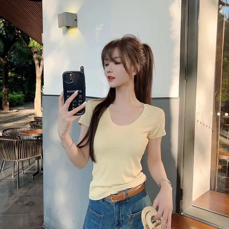 Kaka Women's Basic Department Ceiling U Neck Knit T-Shirt Slim Straight Shoulder Short Sleeve Tops for Women 7