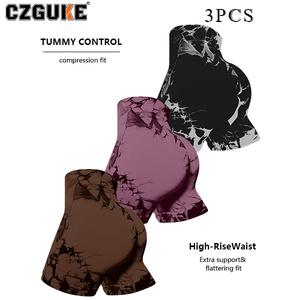 CZGUKE conjunto deportivo de 3 pzas para mujer: pantalones cortos de yoga y running con estampado tie-dye, cintura alta, súper suaves y opacos, aptos para ciclismo y ejercicio