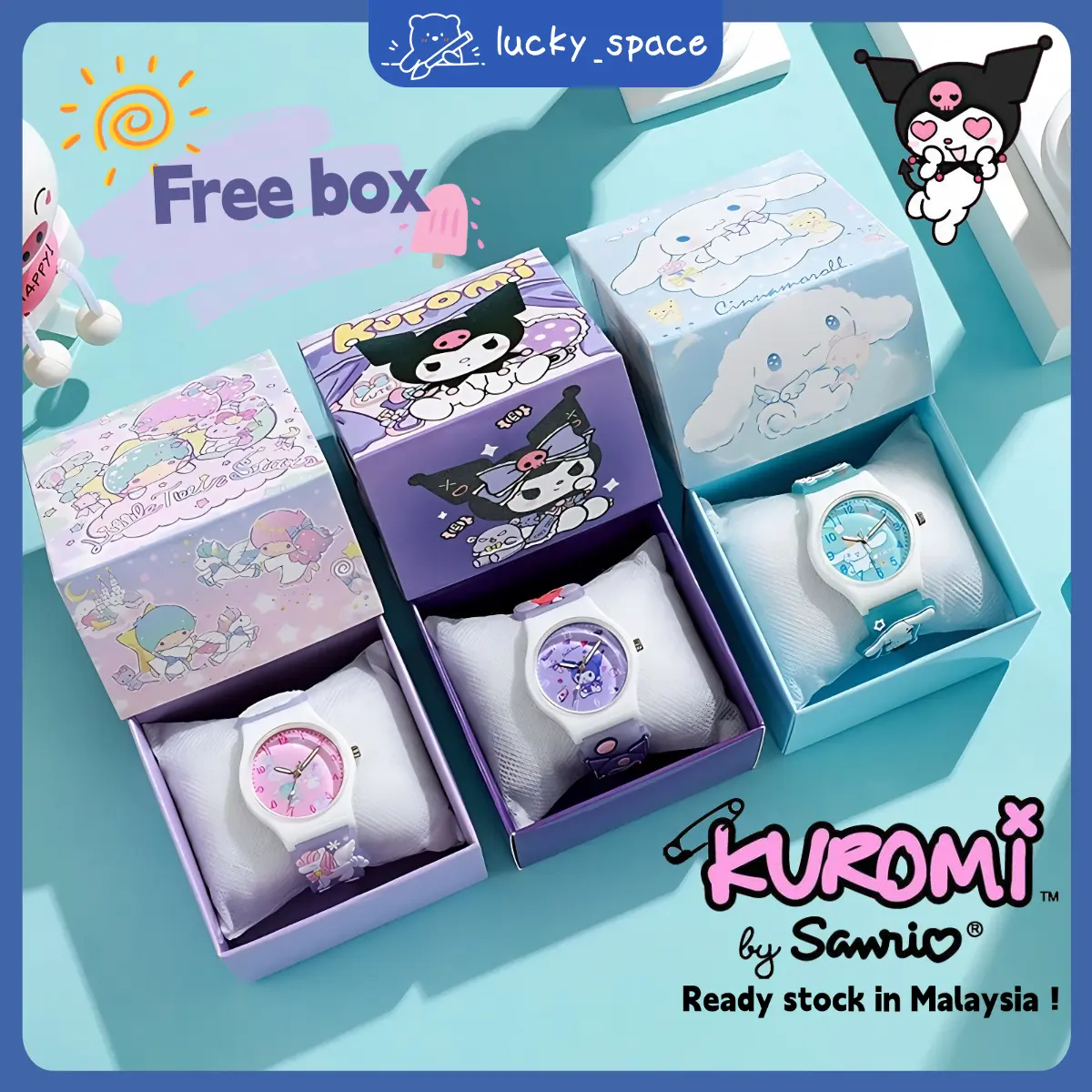 （Free Box）Kuromi Watch For Kids Girl Melody Cinnamoroll Elementary School Sanrio Quartz Watch Pointer Style with Gift Box Birthday Gift Doorgift Children