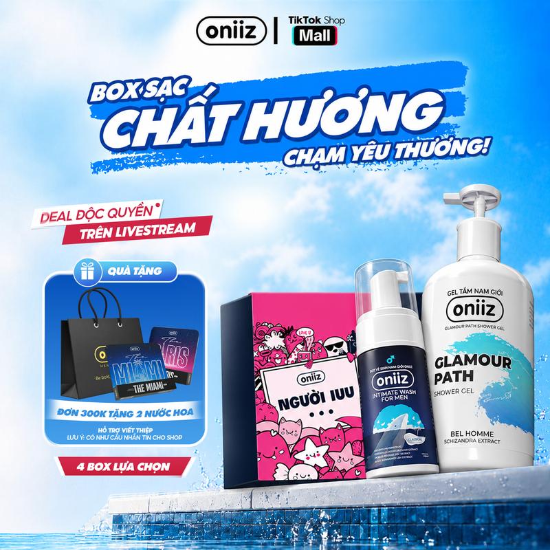 ƯU ĐÃI LIVESTREAM | Box sạc chất hương ONIIZ - Sữa tắm, Bọt vệ sinh nam giới Oniiz hương nước hoa 100ml, Dung dịch Masculine Foam Oniiz Plus hương cocktail 145ml, Quà tặng nước hoa the Paris 4ml
