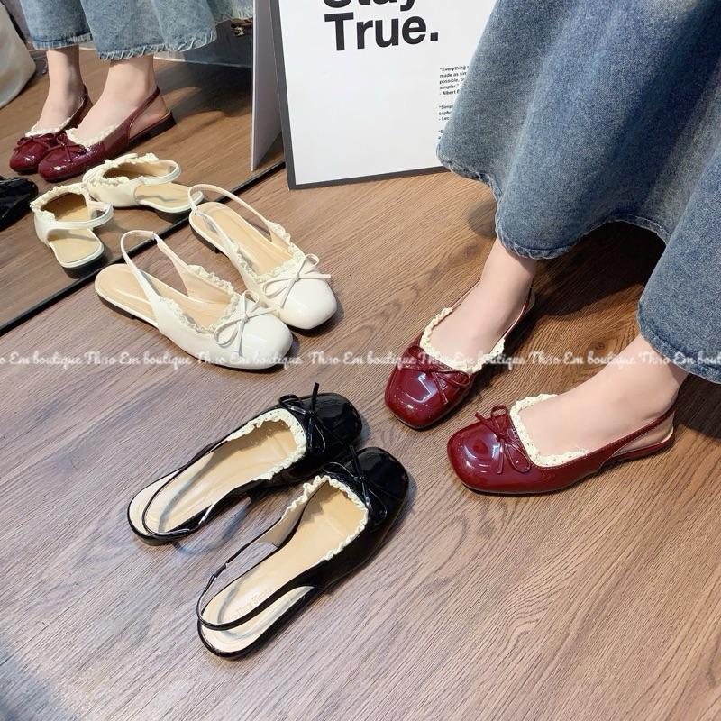 [Thảo Em - SBV556R] Giày sục hở gót đế 1-2cm phối ren viền đính nơ mũi  tiểu thư cá tính thời trang mùa hè