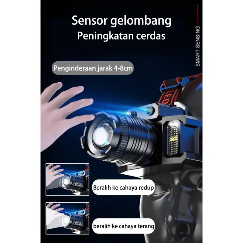 4.COD+pengiriman 24 jam Lampu Kepala LED/Headlamp /SuperTerang 1000000 Lumen/USB Charging Senter/Dengan Sensor Tangan/Sorot Dengan Penyesuaian multi-level/Senter Kepala/Zoom Dan Mode Sensor/Powerbank/Cahaya Terang 3