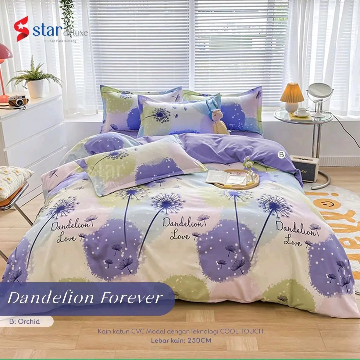 Sprei Set Karet  Katun Lokal STAR Motif Dandelion Forever Ungu Uk.90|100|120|140|160|180|200