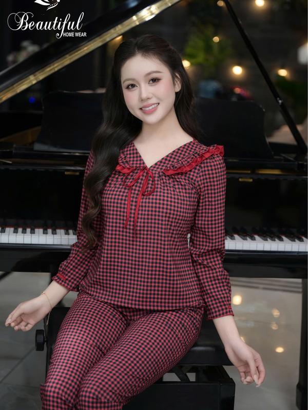  Đồ bộ nữ mặc nhà Y817E Lụa Mango tay dài ĐỎ kẻ caro cổ V bèo 2 lớp 