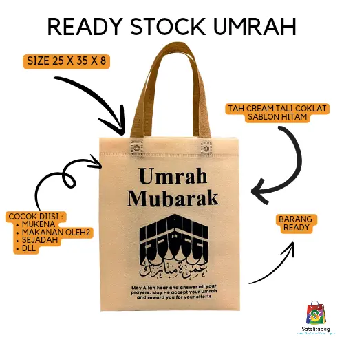 Tas Goodiebag ISI 12 dengan Handle Ukuran 25x35x8 Souvenir Spunbond Kapasitas 5 kg - Umroh dan Haji Ka'bah anti-gores hitam