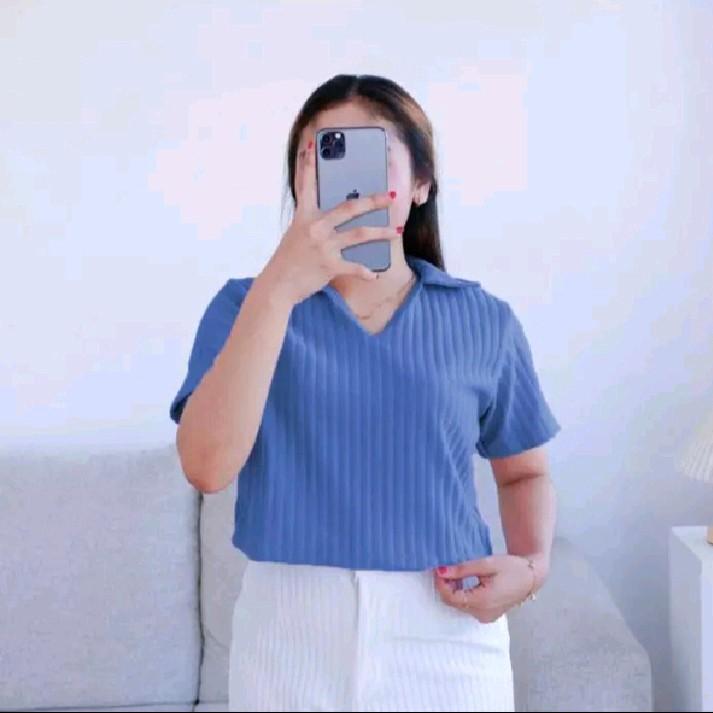 Kaos Atasan Wanita Lengang Pendek Crop Top Polo Rib Knit Hornet Premium Terlaris 5