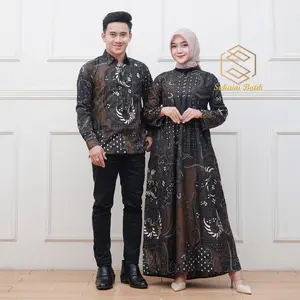 sepasang couple batik modern kekinian sarimbit gamis dan kemeja Baju Kondangan Pasangan Muslim Dress Keluarga Lebaran Pesta Setelan Ibu Syari
