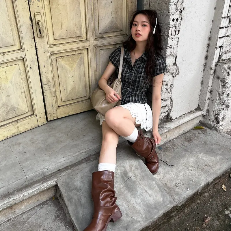 Nimbus Top - Áo kiểu nữ, áo sơ mi nữ họa tiết caro phối bèo ngắn tay nhiennhienvintage BA474 7