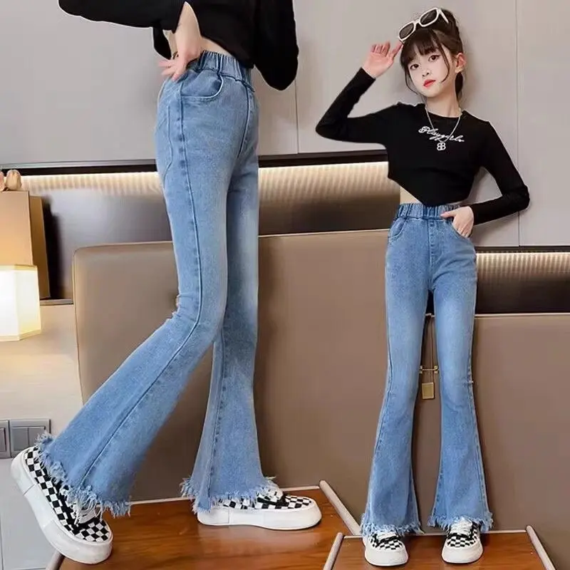 Chilidren's Girls Jeans Pants 2024 Spring Autumn Fashion Kids Girls Denim Flared Trousers
