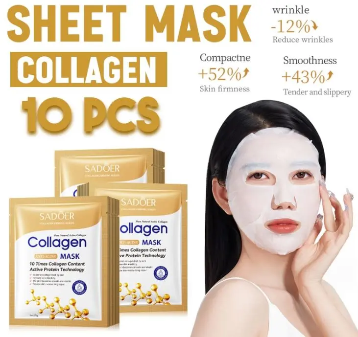 PAKET 10 PCS Masker Sadoer Collagen Anti Penuaan Mengurangi Tanda-tanda Penuaan pada Wajah dengan Khasiat Anti Aging Facial Mengencangkan Kerutan Mencerahkan Muka Kusam
