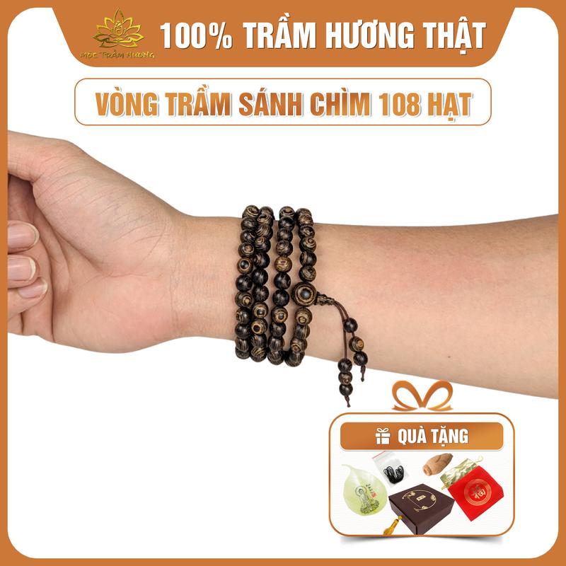 MTH Vòng Tay Trầm Hương Sánh Chìm Chuỗi Tràng 108 Hạt Mộc Trầm Hương - Vòng Đủ Size Nam Nữ Phụ Kiện Hộp Túi Gấm Lá Bồ Đề Nụ Trầm Dây Xâu - Đeo Tay Voi