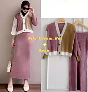 Sweater Rajut Candy Cardy 3Tone Lengan Panjang / Atasan One set 2in1 Wanita / Setelan Rajut Rok Span Panjang / One Set Wanita Kerja Kekinian / Outfit Wanita Cantik Cardigan Kancing Tebal Nyaman Dan Lembut Perpaduan Warna Pink dan Cream / Celana kantor Tan