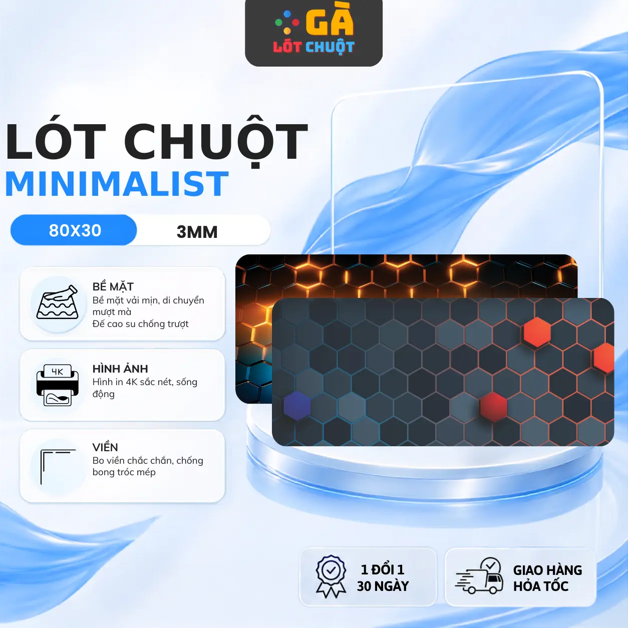 Lót chuột cỡ lớn 80x30 cm dày 3mm có bo viền chắc chắn cao su dày đế chống trượt - Tối ưu cho game thủ GÀ LÓT CHUỘT