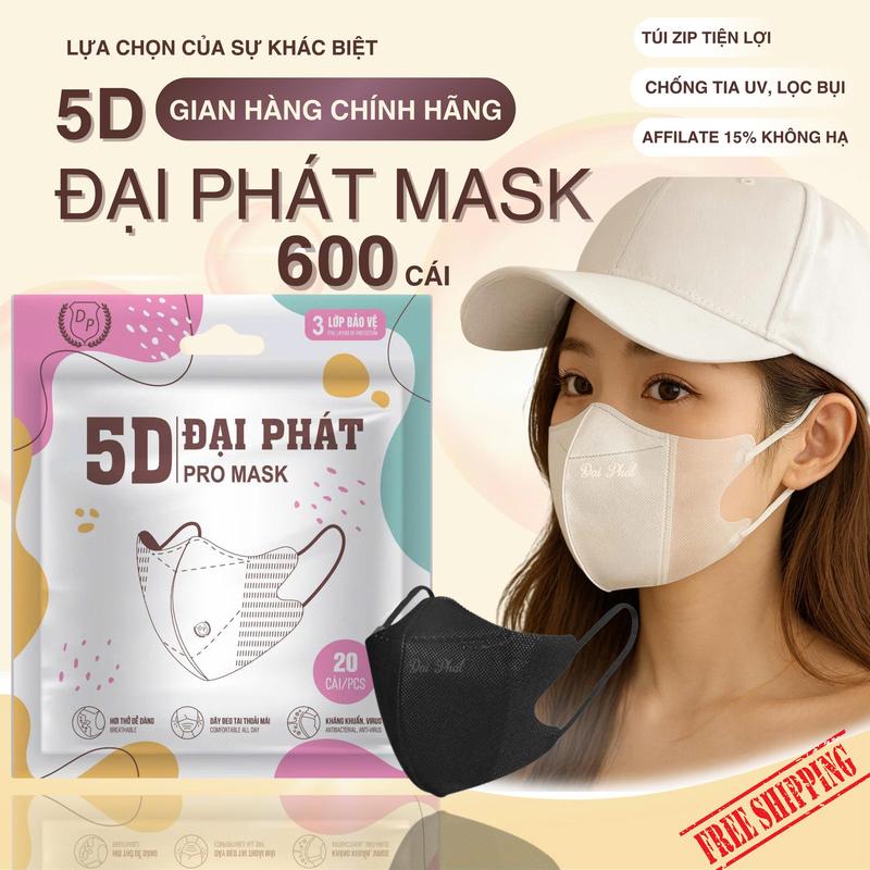   Hàng Bình Ổn  600 Chiếc Khẩu Trang 5D Đại Phát chính hãng hàng tại xưởng Giá Sỉ Chống Bụi Chống UV 98% Lọc Khuẩn Lọc Bụi Chất Liệu Vải Không Dệt Cao Cấp Dây Đeo Spandex Mịn Dày Co Giãn 