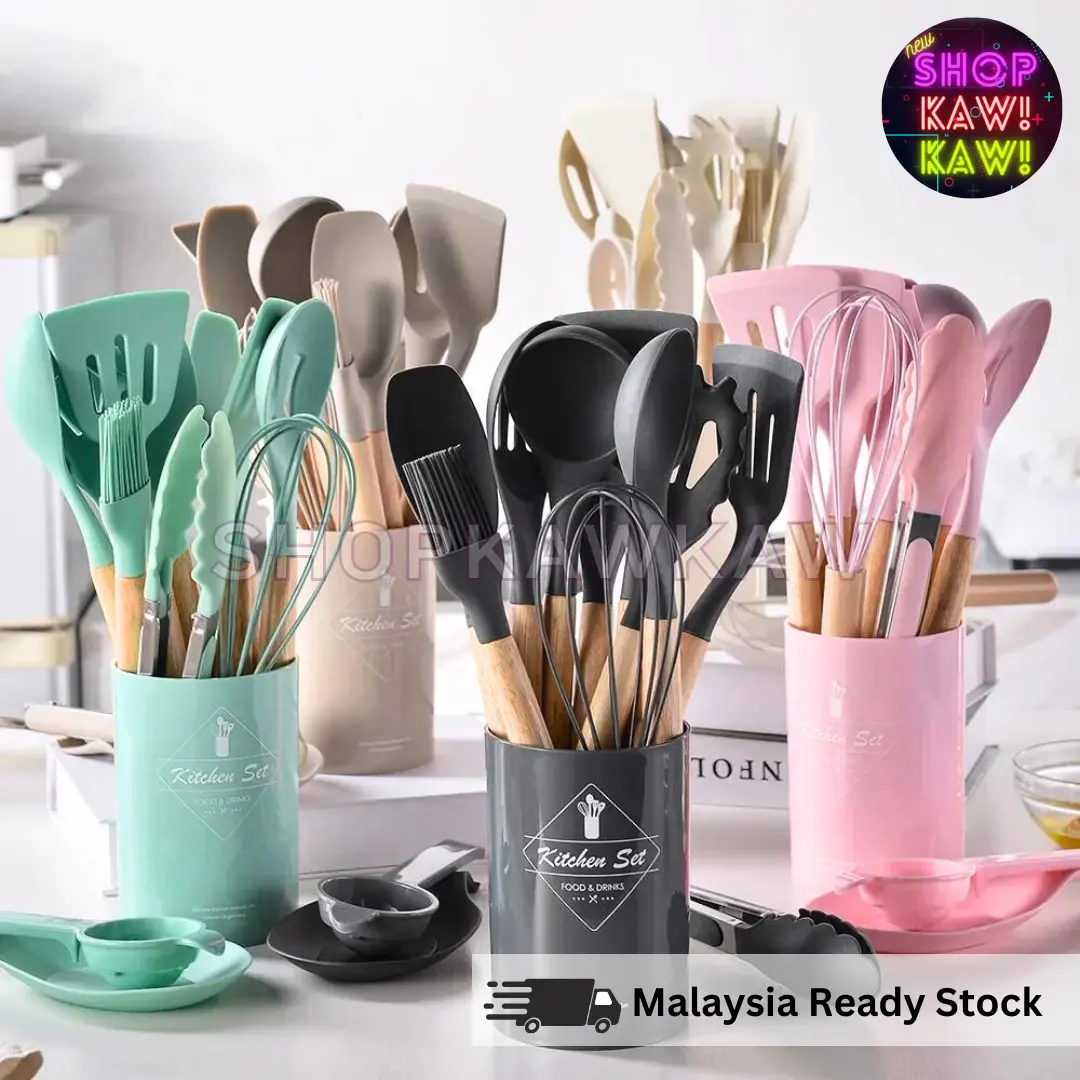 ShopKawKaw | 12 in 1 Cooking Tools Kitchen Cookware Set Silicone Utensil Spoon Senduk Masak Viral Cooking Tool Kitchenware Utensils Kayu Spatula