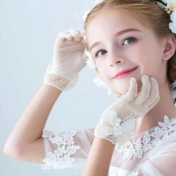 Găng tay ren lưới cho bé gái, 1 đôi, thích hợp cho tiệc trà, phong cách công chúa, có thắt nơ, cho bé gái, găng tay váy ngọc trai, thích hợp cho đám cưới và cuộc thi, cho bé gái từ 4 đến 16 tuổi 2