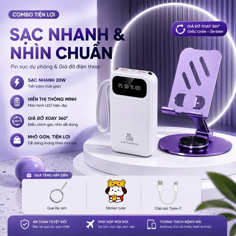 Pin dự phòng di động 20000mAh, sạc 5 điện thoại di động cùng lúc, đi kèm với 4 cáp sạc tháo rời, Android/Type-C/iPhone