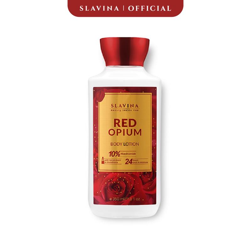 SLAVINA Body Lotion Red Opium Niacinamide with Serum Burst Glutathione Moisturizing Whitening Mencerahkan Hydrating Memutihkan Wangi Bunga Mawar 5