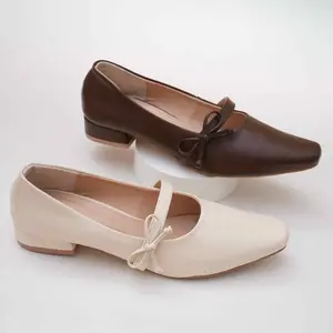 Hallyu Feet MIN-SEO Pantofel Mary Jane (Cream, Brown)  Pita Klasik Samping || Sepatu Kerja Kantor Wanita